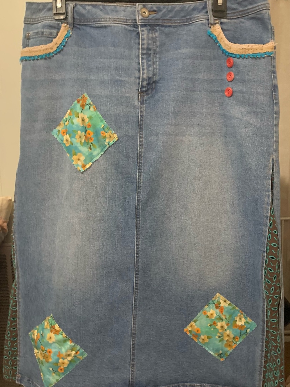 Bohem Revival Upcycle Blue Denim Women's Skirt with Floral Patch Accents
